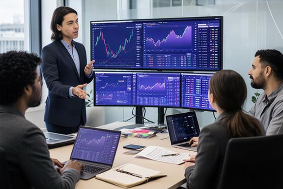 Team of crypto analysts reviewing market data on multiple screens in a modern office with charts and dashboards visible