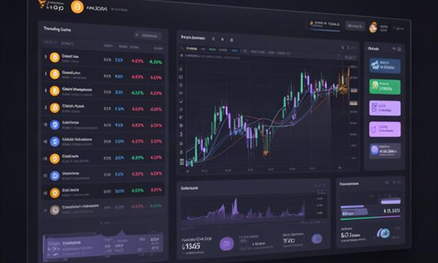 Modern crypto analytics dashboard displaying trending coin lists, price charts and market sentiment indicators on a dark interface