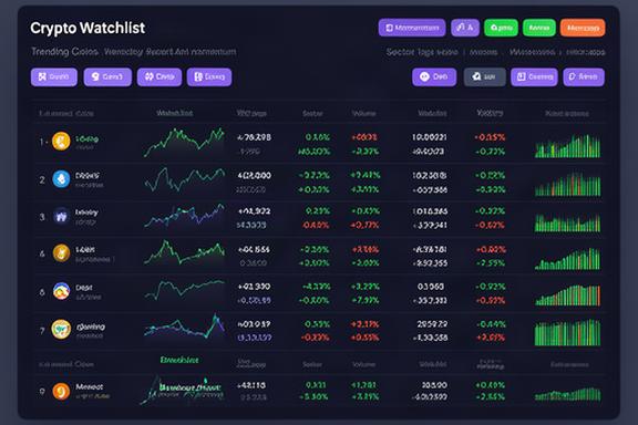 Crypto watchlist interface showing trending coins sorted by momentum with sector tags and volume indicators